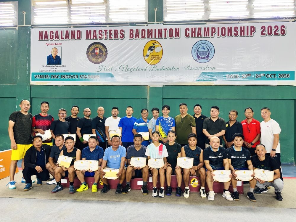 Nagaland Badminton Association officials with the winners of the Nagaland Masters Badminton Championship 2026.